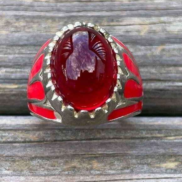 Men Rings Fashion Jewelry Faux Red Stone Silver Tone Unisex Rings Size 10.5 - Picture 5 of 12